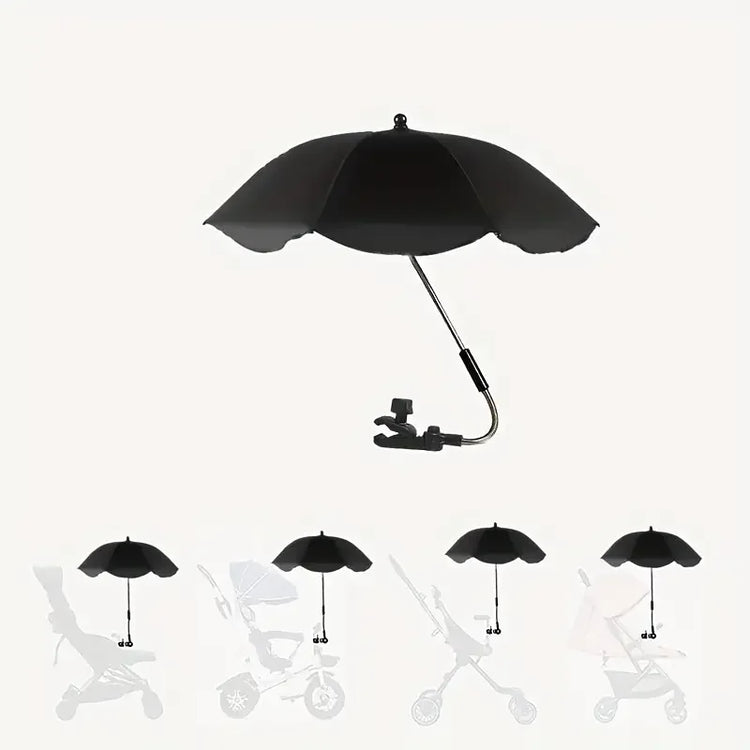 Black umbrella with a clamp attachment on a white background