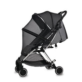 Black stroller with mesh cover on a white background