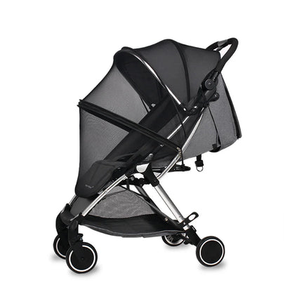 Black stroller with mesh cover on a white background