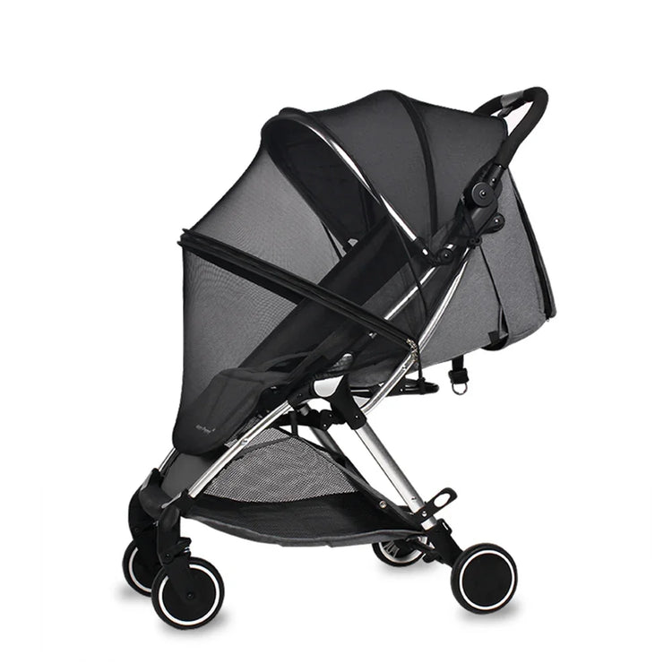 Black stroller with mesh cover on a white background