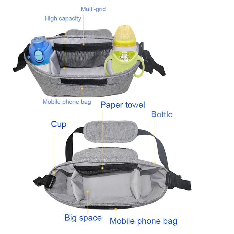 Multifunctional bag with compartments for a bottle, cup, paper towel, and phone on a white background.