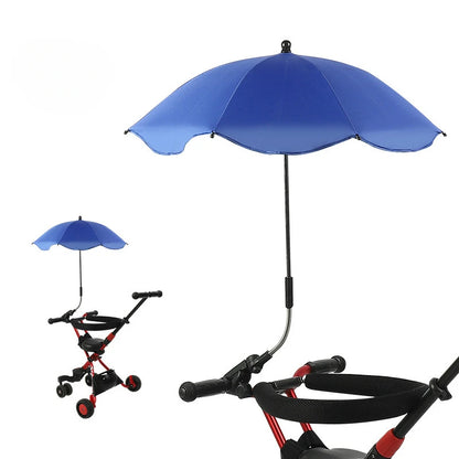 Blue umbrella attached to a stroller on a white background