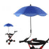 Blue umbrella attached to a stroller on a white background