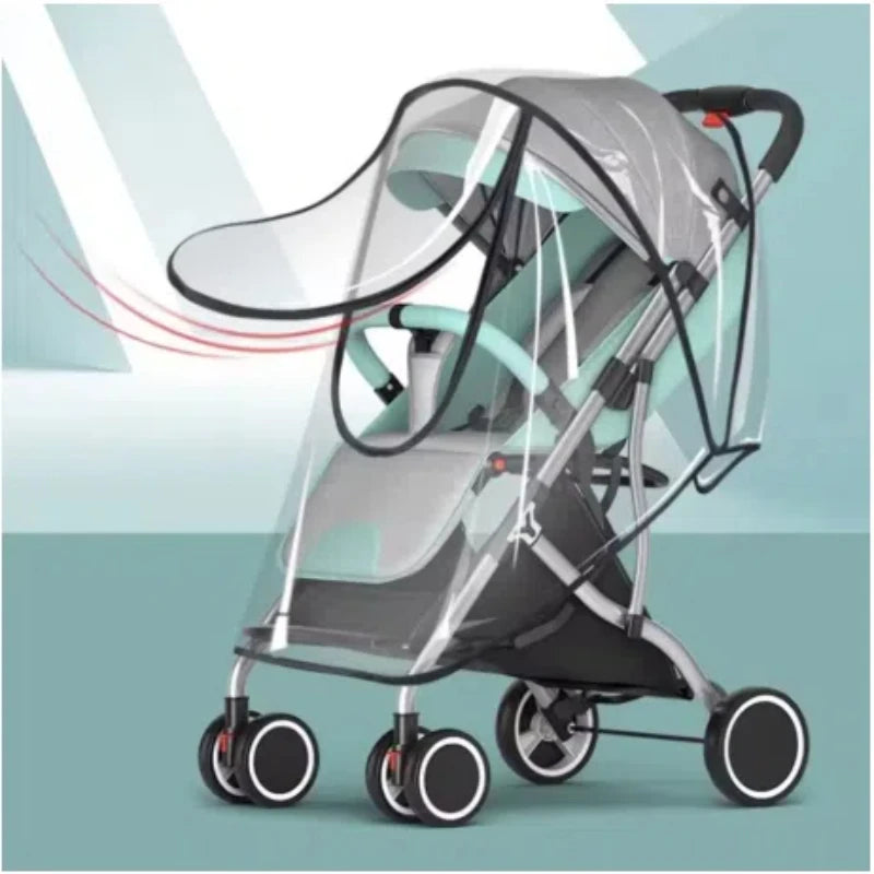 Gray stroller with a transparent rain cover on a light blue background