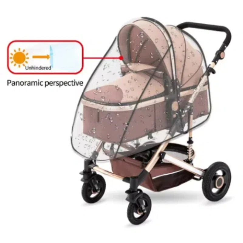 Baby stroller with clear rain cover on a white background
