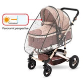Baby stroller with clear rain cover on a white background
