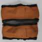 Pair of brown leather stroller handle covers on a white background
