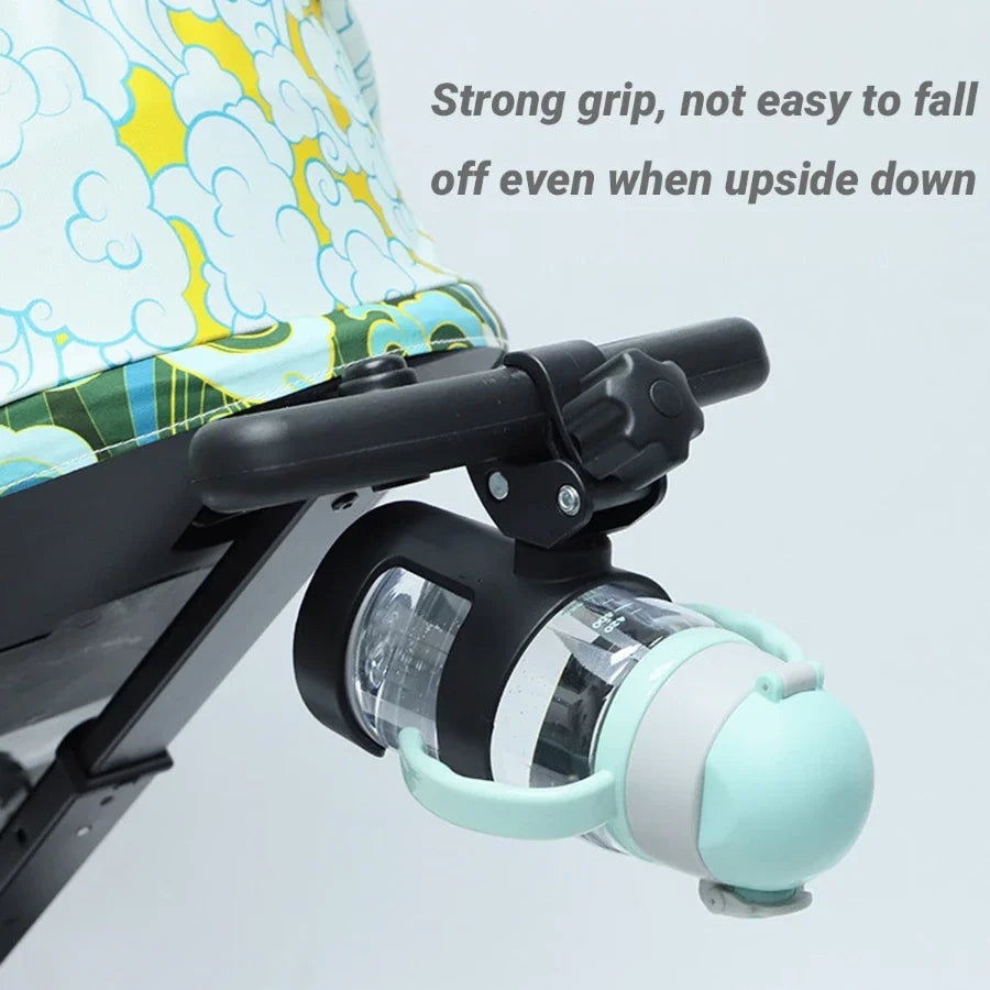 Bottle holder attached to a baby stroller with text indicating its stability.