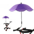 Purple umbrella attached to a stroller on a white background