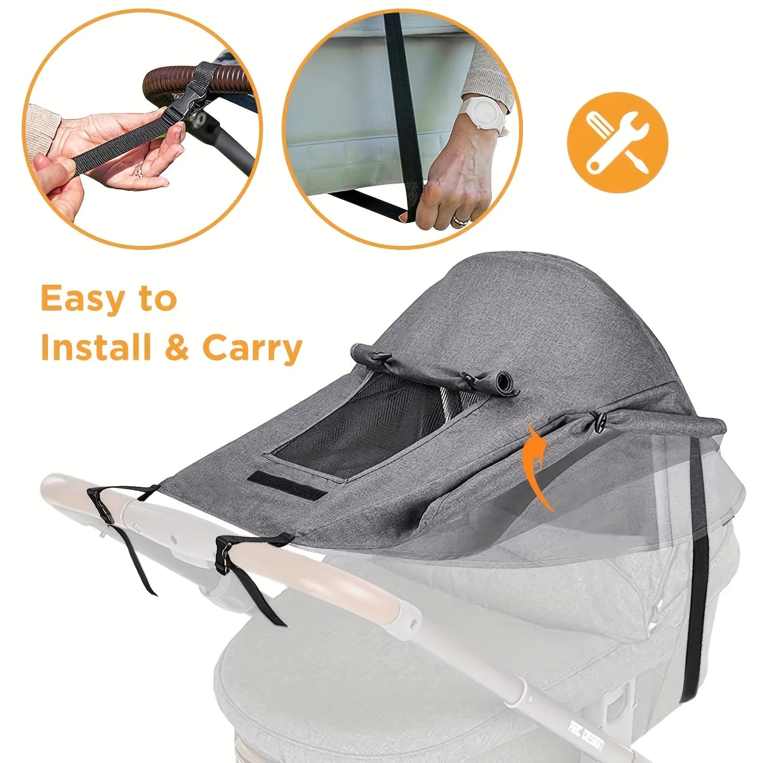 Gray baby seat with installation instructions on a white background