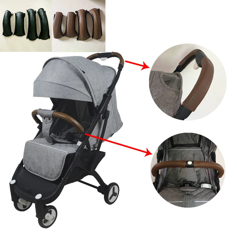 Gray stroller with brown handle covers on a white background