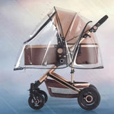 Baby stroller with clear rain cover on a gradient background