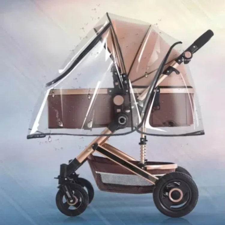 Baby stroller with clear rain cover on a gradient background
