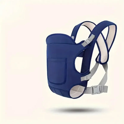 Blue baby carrier with gray straps on a light beige background