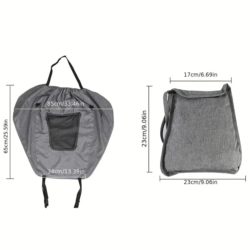 Gray pet carrier with dimensions on a white background