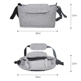 Gray bag with dimensions labeled on a white background