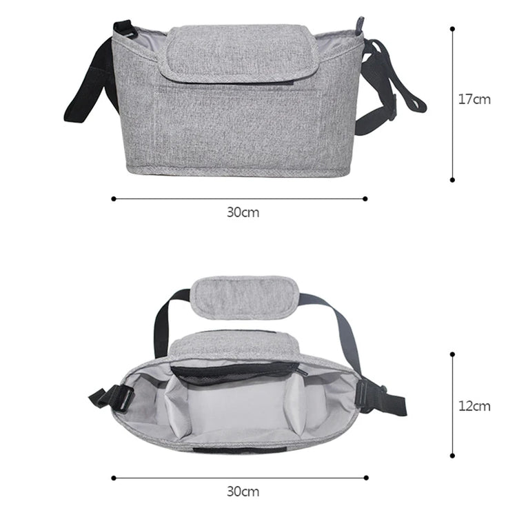 Gray bag with dimensions labeled on a white background