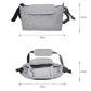 Gray bag with dimensions labeled on a white background