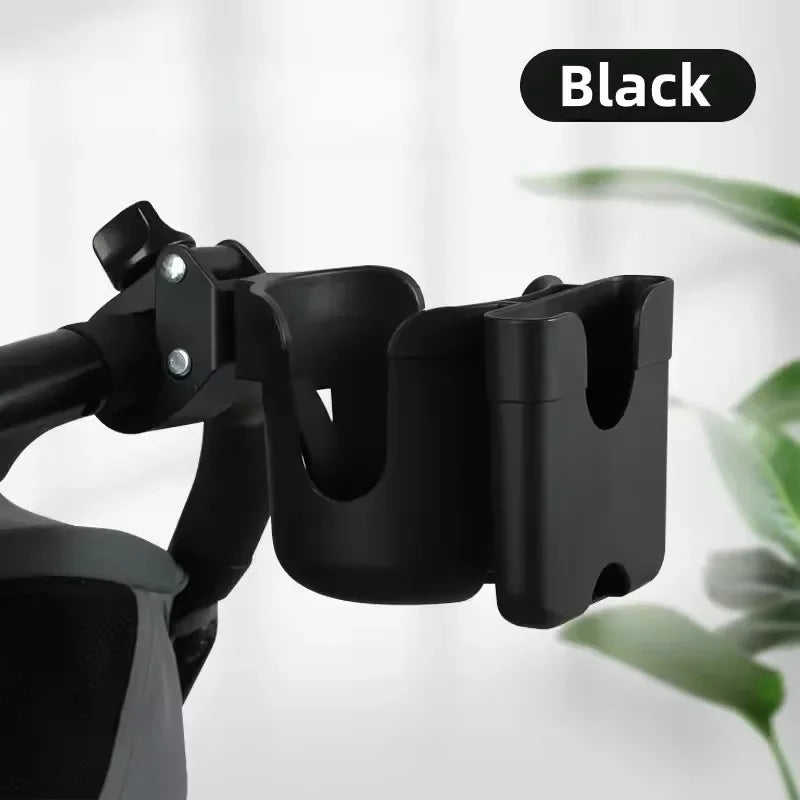 Black  cup and phone holder on a baby stroller handlebar mount 