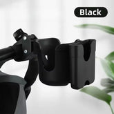 Black  cup and phone holder on a baby stroller handlebar mount 
