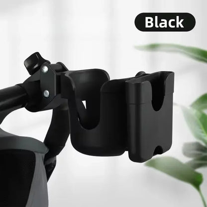 Black  cup and phone holder on a baby stroller handlebar mount 