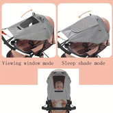 Stroller canopy showing viewing window and sleep shade modes on a pink background.
