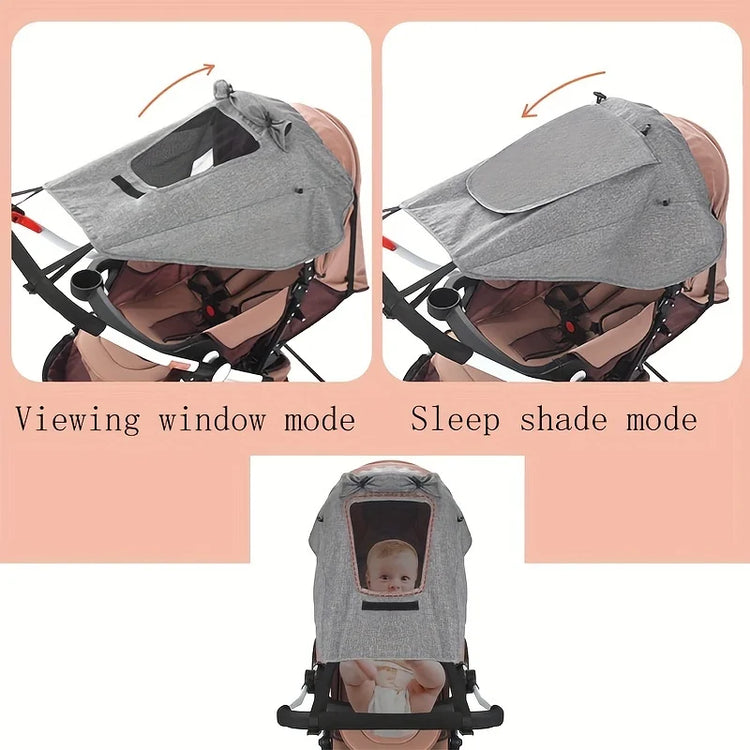 Stroller canopy showing viewing window and sleep shade modes on a pink background.