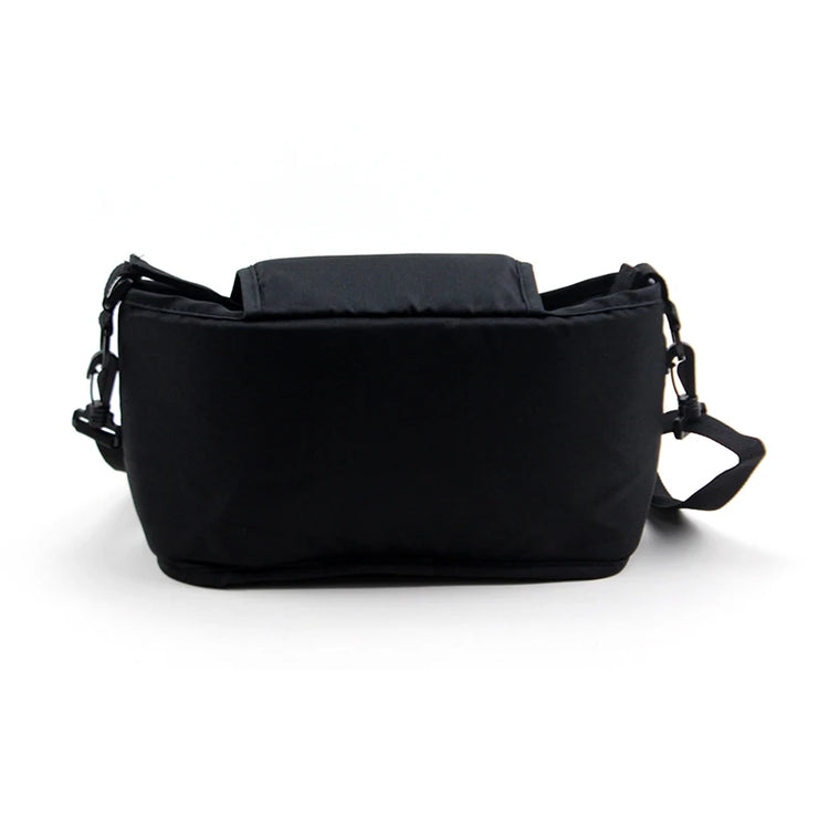 Black bag with straps on a white background