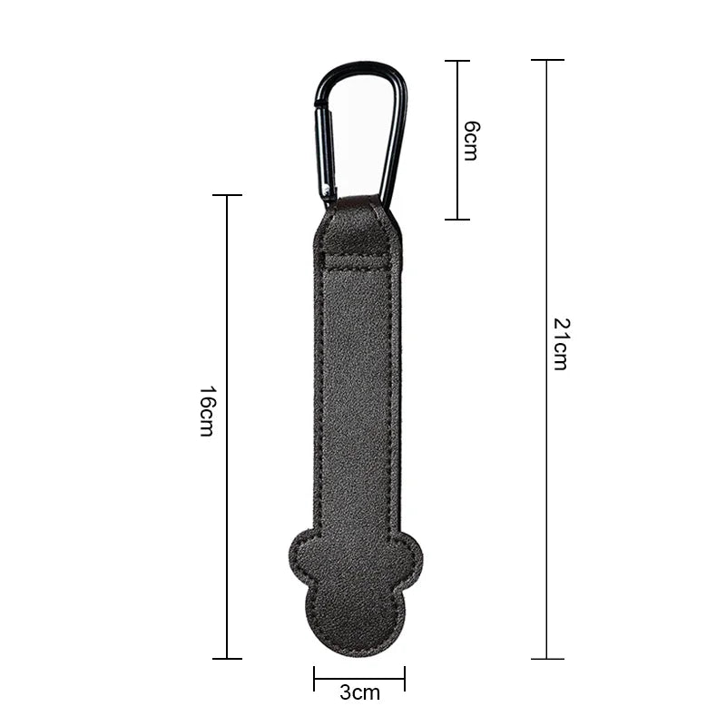 Black keychain with carabiner and measurements on a white background