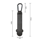 Black keychain with carabiner and measurements on a white background
