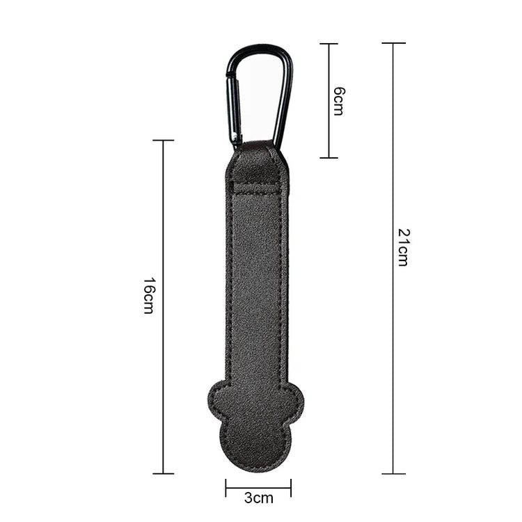 Black keychain with carabiner and measurements on a white background