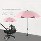 Pink umbrella with sun protection index Anti-UV50+ attached to a black stroller on a white background.