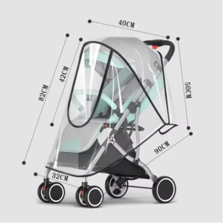 Baby stroller with dimensions marked on a gray background