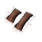 Pair of brown leather handle covers with measurements on a white background