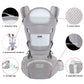 Gray baby carrier with features highlighted on a white background