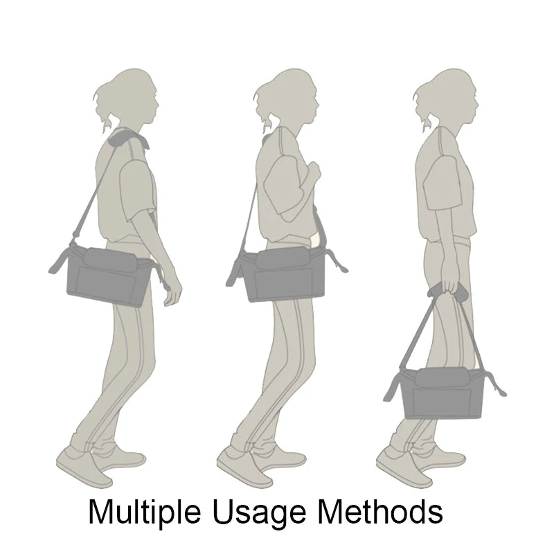 Illustrations of a person using a crossbody bag from different angles with text &