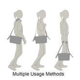 Illustrations of a person using a crossbody bag from different angles with text &