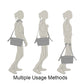 Illustrations of a person using a crossbody bag from different angles with text &