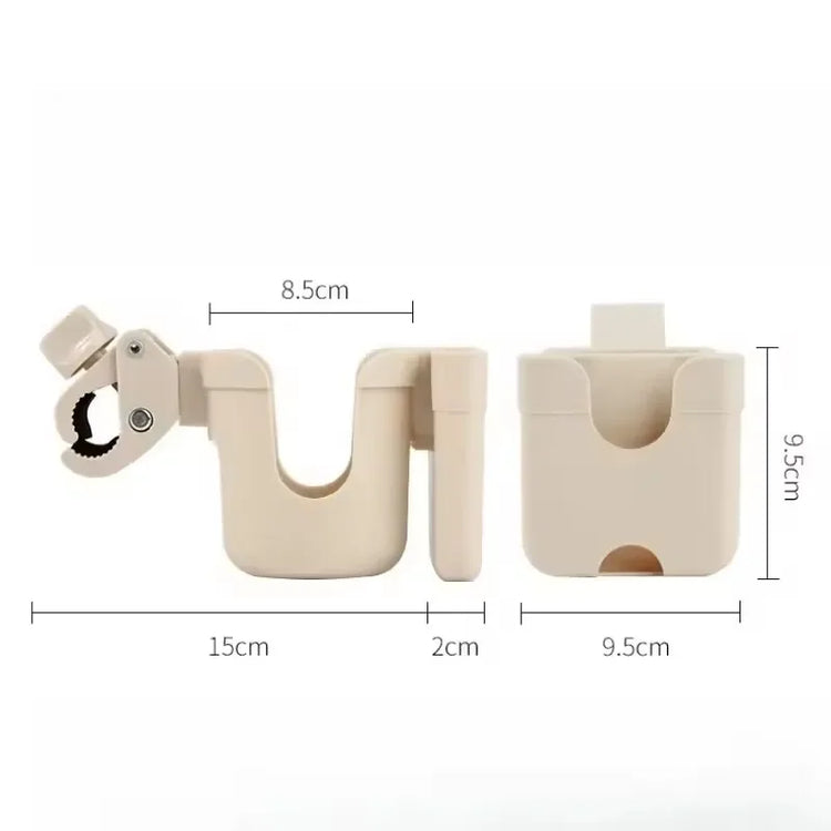 Measurement chart of a beige plastic clip and holder on a white background